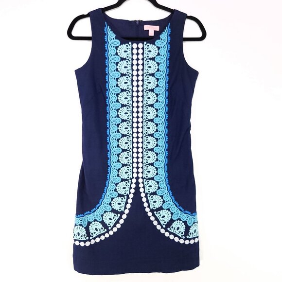 Lilly Pulitzer Sheath Dress Size 0 Embroidered Front Fully Lined Sleeveless - Picture 1 of 16